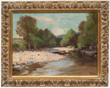John William Gilroy - Early 20th Century Oil, River under Blue Skies