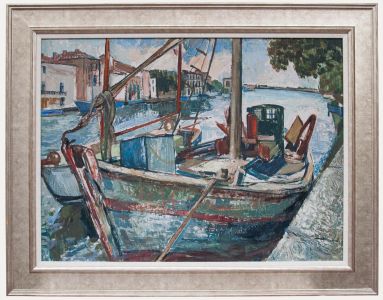Framed 20th Century Oil - Moored on the Canal