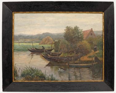 Mid 20th Century Oil - Canoes by a Farmstead