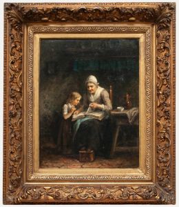 Jan Damschröder - 1877 Oil, Grandmother Reading