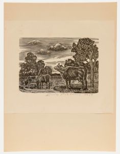 Eugene Pichell - 1959 Wood Engraving, At the Watering Place