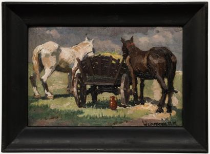 Weinmann - Framed Early 20th Century Oil, Horses by the Hay Wagon
