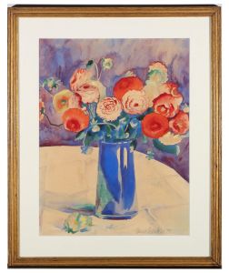 1979 Watercolour - Peonies in Blue Vase
