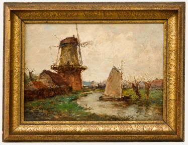 超レア洋書 #5 1842. Schellings Werke. Josef Helmut Schilhabel (1896-1970) - Framed Oil, Dutch Mill by