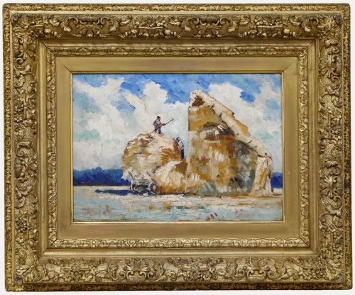 Fine Early 20th Century Oil - Cutting the Hayrick in Spring