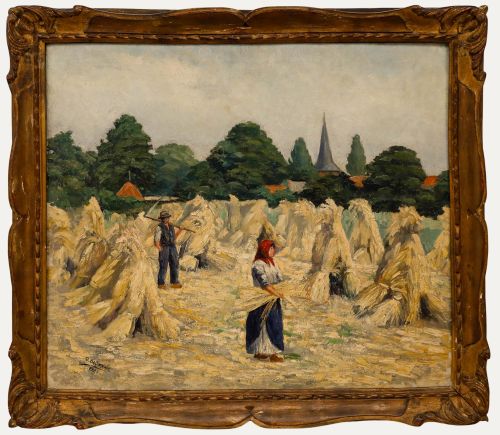 Georges Daumerie (1879-1955) - Framed Belgian School  Oil, Feild of Stooks