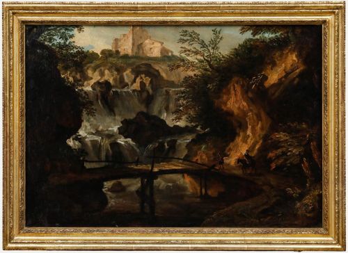 Circle of Hubert Robert (1733-1808) - Framed Oil, The Waterfalls of Tivoli