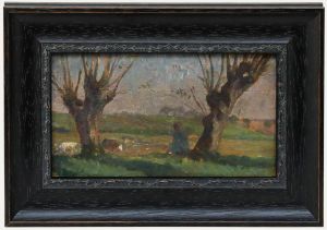 French School Early 20th Century Oil - Observing Cattle