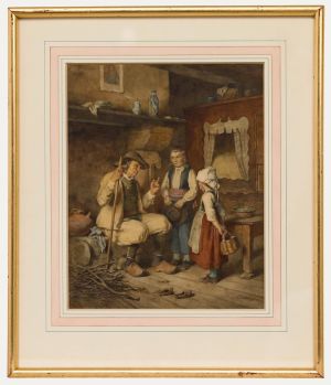 Emmanuel Adolphe Midy (1797-1874) - Framed Watercolour, A Breton Family Cottage