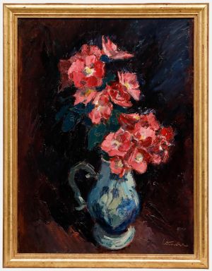 Framed 20th Century Oil - Pink Flowers in a Jug