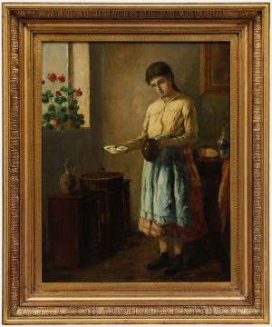 Framed 19th Century Oil - Setting the Breakfast Table
