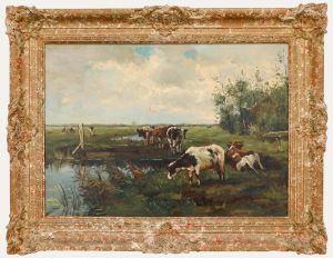 Framed 20th Century Oil - Grazing in the Polders