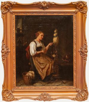Late 19th Century Oil - Lady at the Spinning Wheel