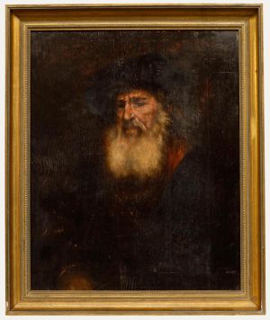 Rembrandt - 19th Century Oil, Portrait of a Bearded Man in Black Beret