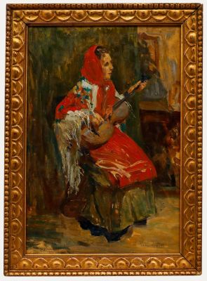 Fina Rawnatova - Framed 1910 Oil, Guitar Player
