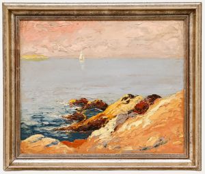 Framed Mid 20th Century Oil - White Sails on the Horizon
