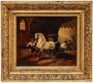 Framed 19th Century Oil - School Stallion with Groom