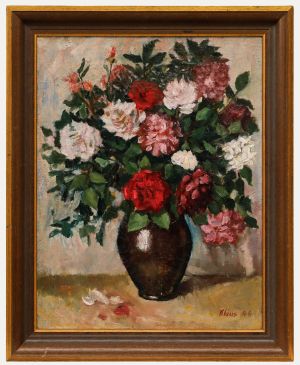Klaus - Framed Mid 20th Century Oil, Still Life of Roses in a Vase