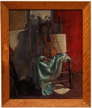 George Weissbort - Framed 20th Century Oil, Interior with Violin