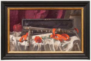 George Weissbort - Framed 20th Century Oil, Cased Flute with Ribbon & Rose