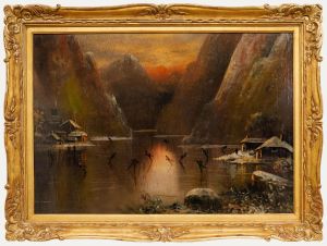 Early 20th Century Oil - Skaters on a Frozen Fjord