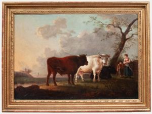 Jean-Baptiste de Roy - Framed 18th Century Oil, Cattle in a Landscape