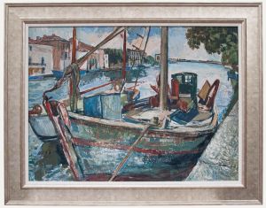 Framed 20th Century Oil - Moored on the Canal