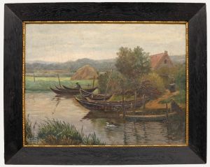 Mid 20th Century Oil - Canoes by a Farmstead