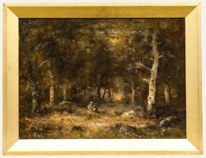 19th Century Oil - Gatherers in a Woodland Clearing