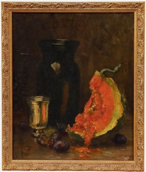Désiré Alfred Magne (1855-1936) - Framed Oil, Still Life, Pumpkin & Plums
