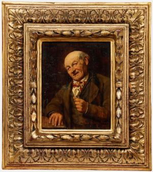 Max Scholz - 1880 Oil, Portrait of a Gentleman Smoking a Pipe