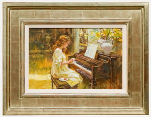 John Michael Carter - Framed Contemporary Oil, Lady at the Piano with Tea