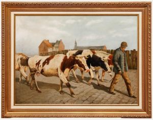 Early 20th Century Oil - Farmer and His Herd
