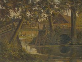 H. Steggards - 20th Century Oil, Wooden Footbridge Over a River