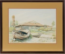 A. Padbury - 1985 Watercolour, Corfu, Fishing Boat and Shed