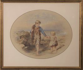 Framed Mid 19th Century Watercolour - Children on the Beach