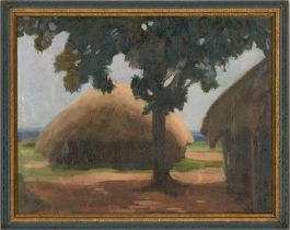 P. Deuchars - Signed & Framed 1935 Oil, Straw Huts under Acacia