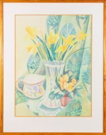 A. Baker - 1986 Pastel, Yellow Flowers and Jug