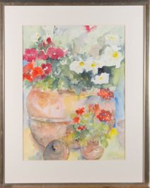 Vine - Signed & Framed 1996 Watercolour, Pansies