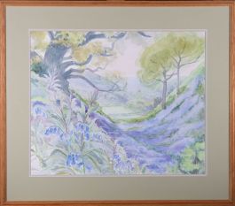 20th Century Watercolour - Landscape View with Bluebells