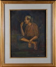K. Soe - Signed & Framed 1999 Oil, The Smoker