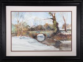 D.H. - Contemporary Watercolour, Town View with Arch Bridge