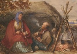 Mid 19th Century Watercolour - Travellers Beside a Fire