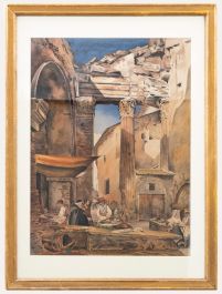 Framed Early 19th Century Watercolour - Fish Market, Portico of Octavia, Rome