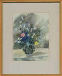 20th Century Watercolour - Dainty Flowers in Clear Vase