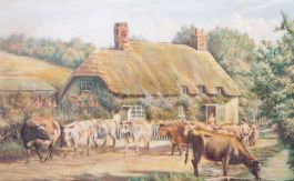 C. J. Beattie  - 1938 Oil, Herd of Cows near Cottage
