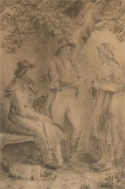 W. Johnston - 1815 Charcoal Drawing, Three Figures in Conversation