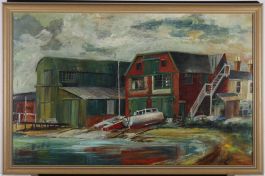 British School Mid 20th Century Oil - The Boat Yard