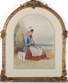 Delia Robins (fl. 1856-1858)  - 1854 Watercolour, Knitting by the Sea