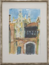 Philippa Jones - Framed Contemporary Watercolour, Medieval Buildings